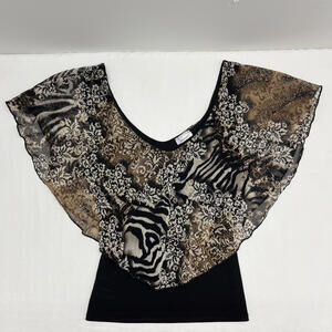 VTG whimsy Boho Jacaranda sheer animal floral print flutter neckline top M